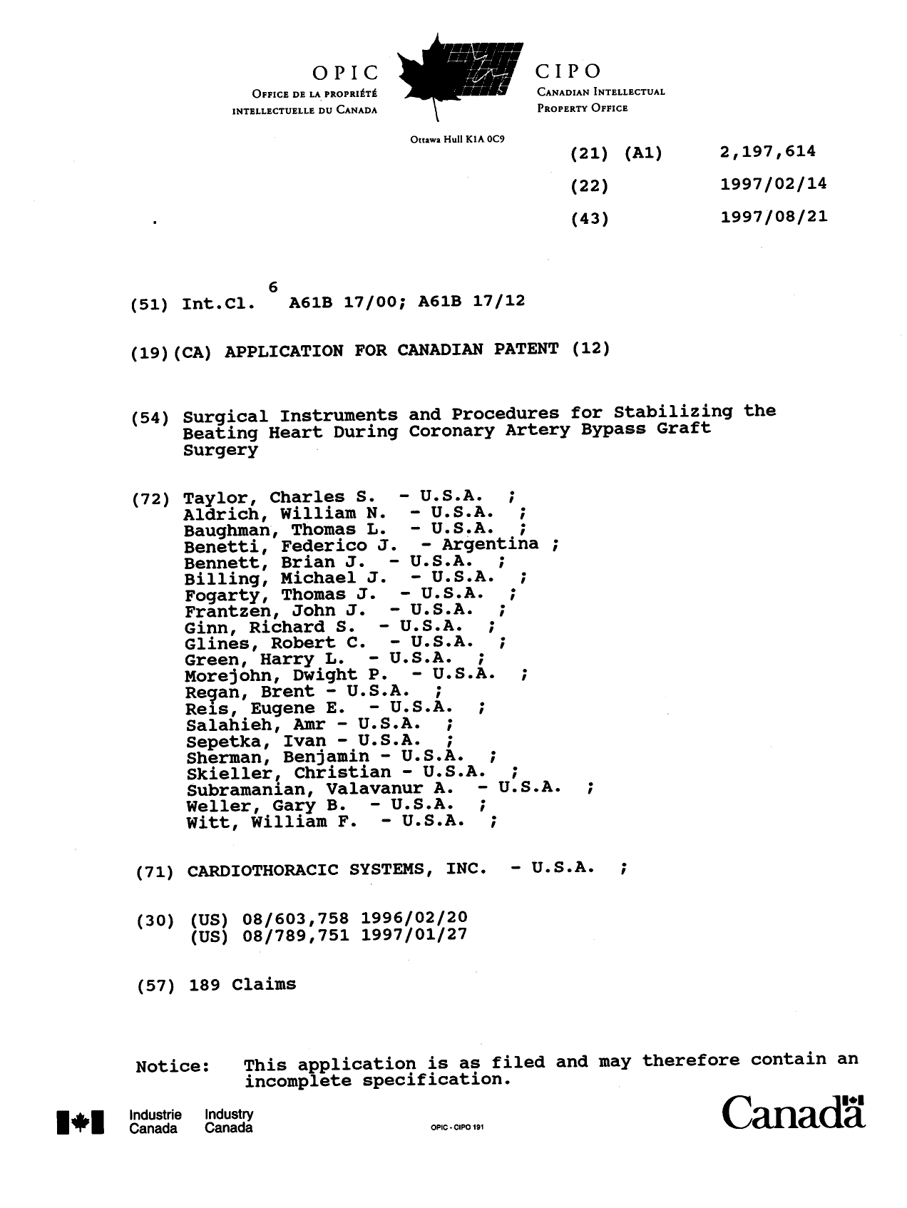 Document de brevet canadien 2197614. Page couverture 19970520. Image 1 de 1