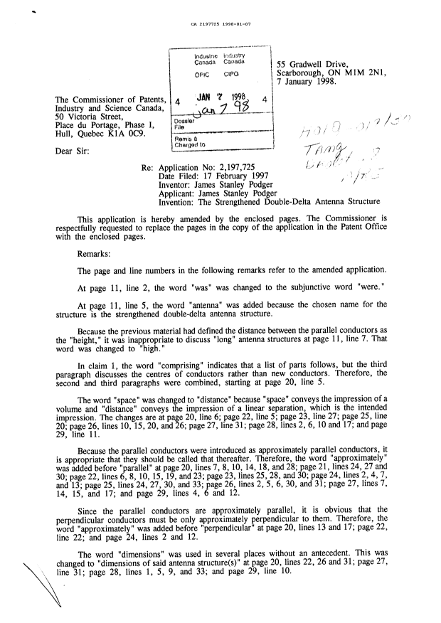 Document de brevet canadien 2197725. Correspondance de la poursuite 19980107. Image 1 de 3