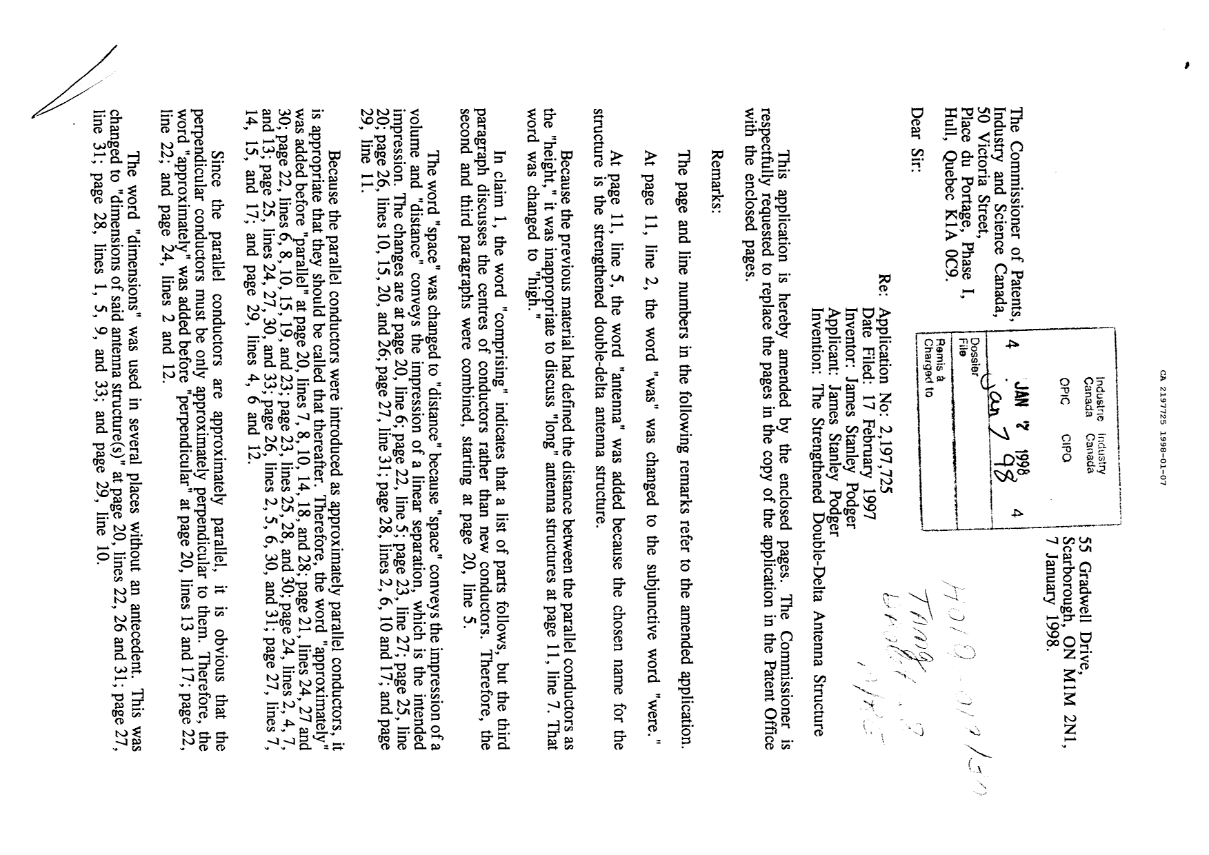 Canadian Patent Document 2197725. Prosecution Correspondence 19980107. Image 1 of 3