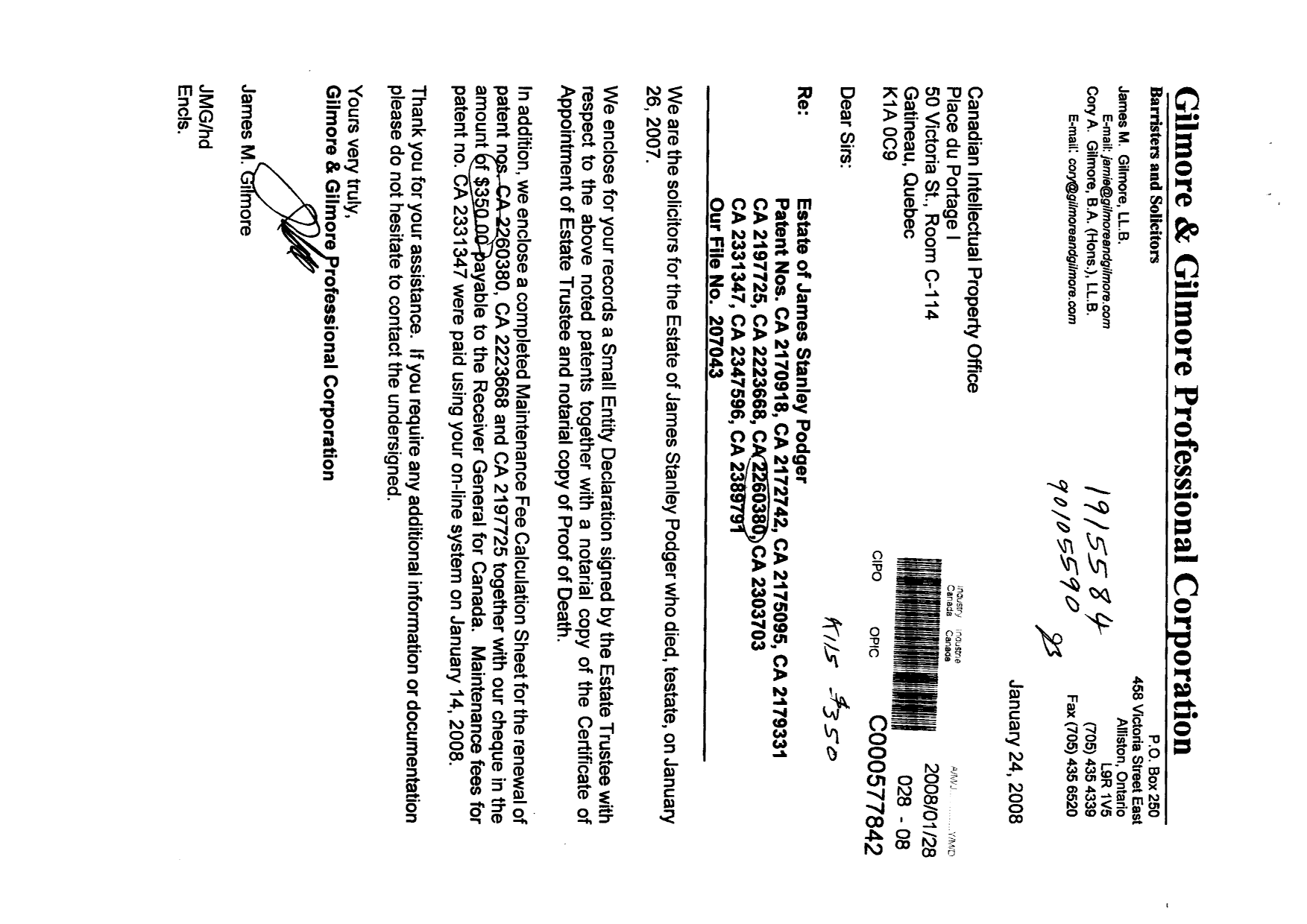 Canadian Patent Document 2197725. Correspondence 20080128. Image 1 of 13