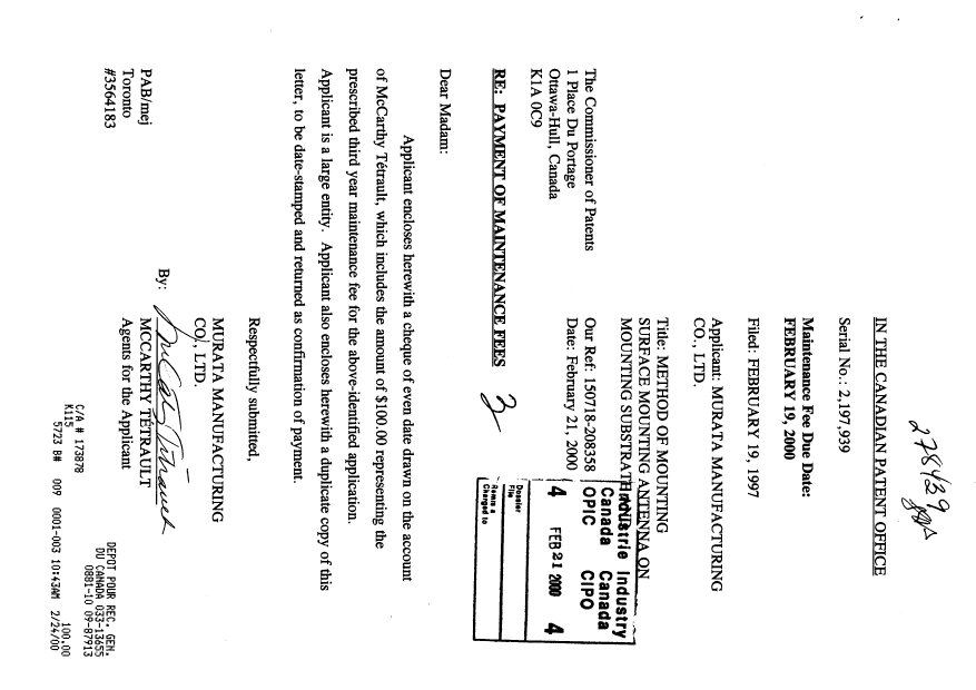 Document de brevet canadien 2197939. Taxes 20000221. Image 1 de 1