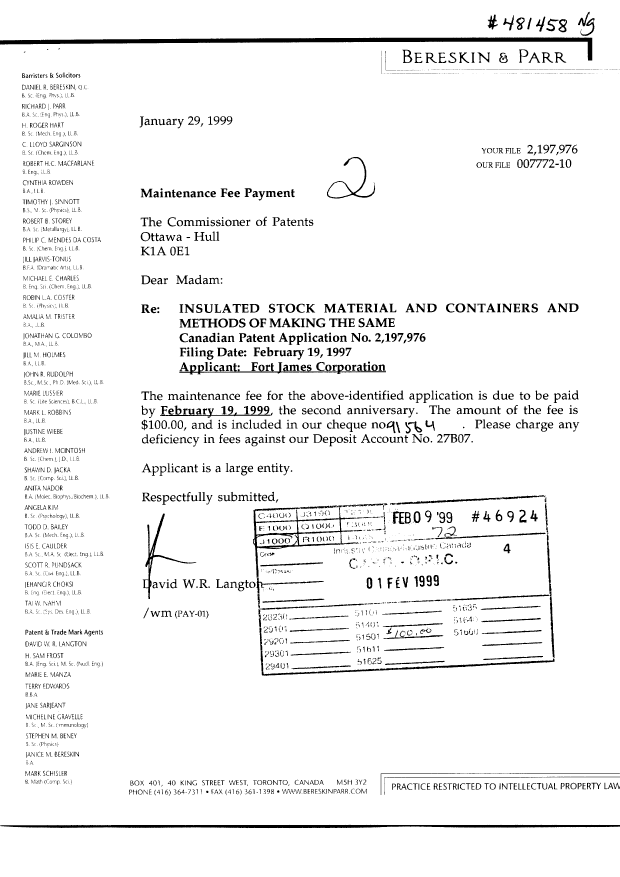 Document de brevet canadien 2197976. Taxes 19990201. Image 1 de 1