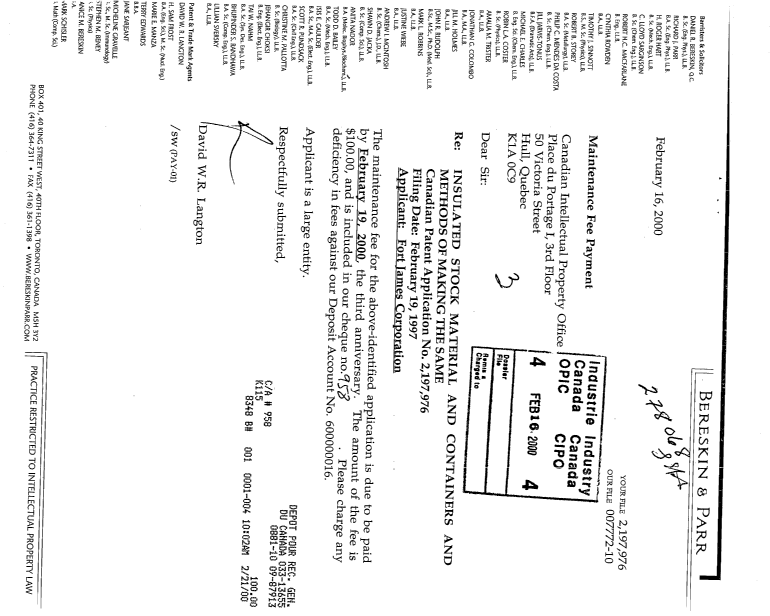 Document de brevet canadien 2197976. Taxes 20000216. Image 1 de 1