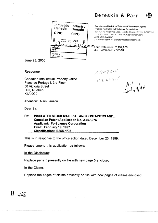 Document de brevet canadien 2197976. Poursuite-Amendment 20000623. Image 1 de 14