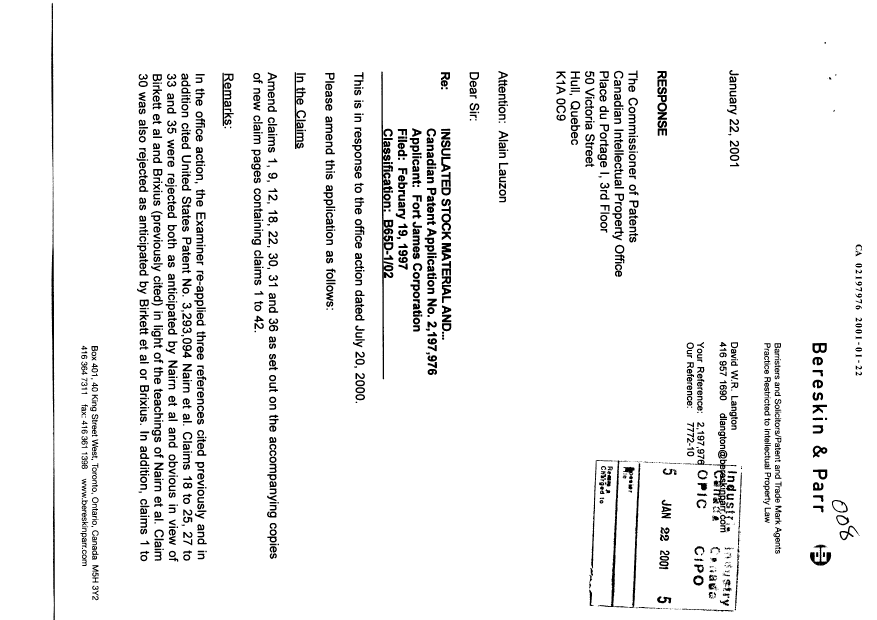 Document de brevet canadien 2197976. Poursuite-Amendment 20010122. Image 1 de 9