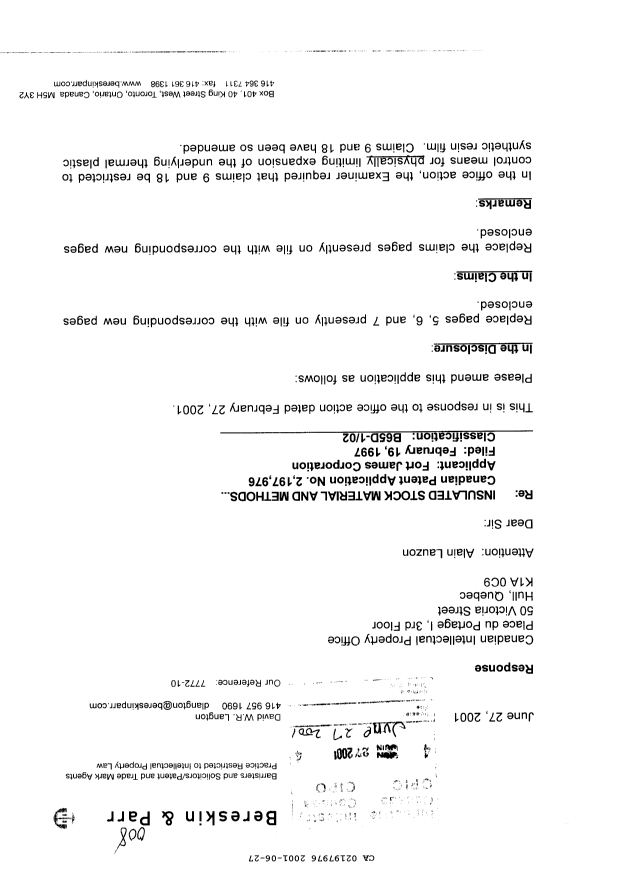 Canadian Patent Document 2197976. Prosecution-Amendment 20010627. Image 1 of 11