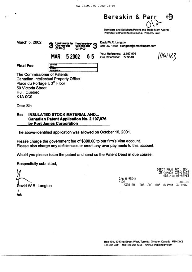 Document de brevet canadien 2197976. Correspondance 20020305. Image 1 de 1