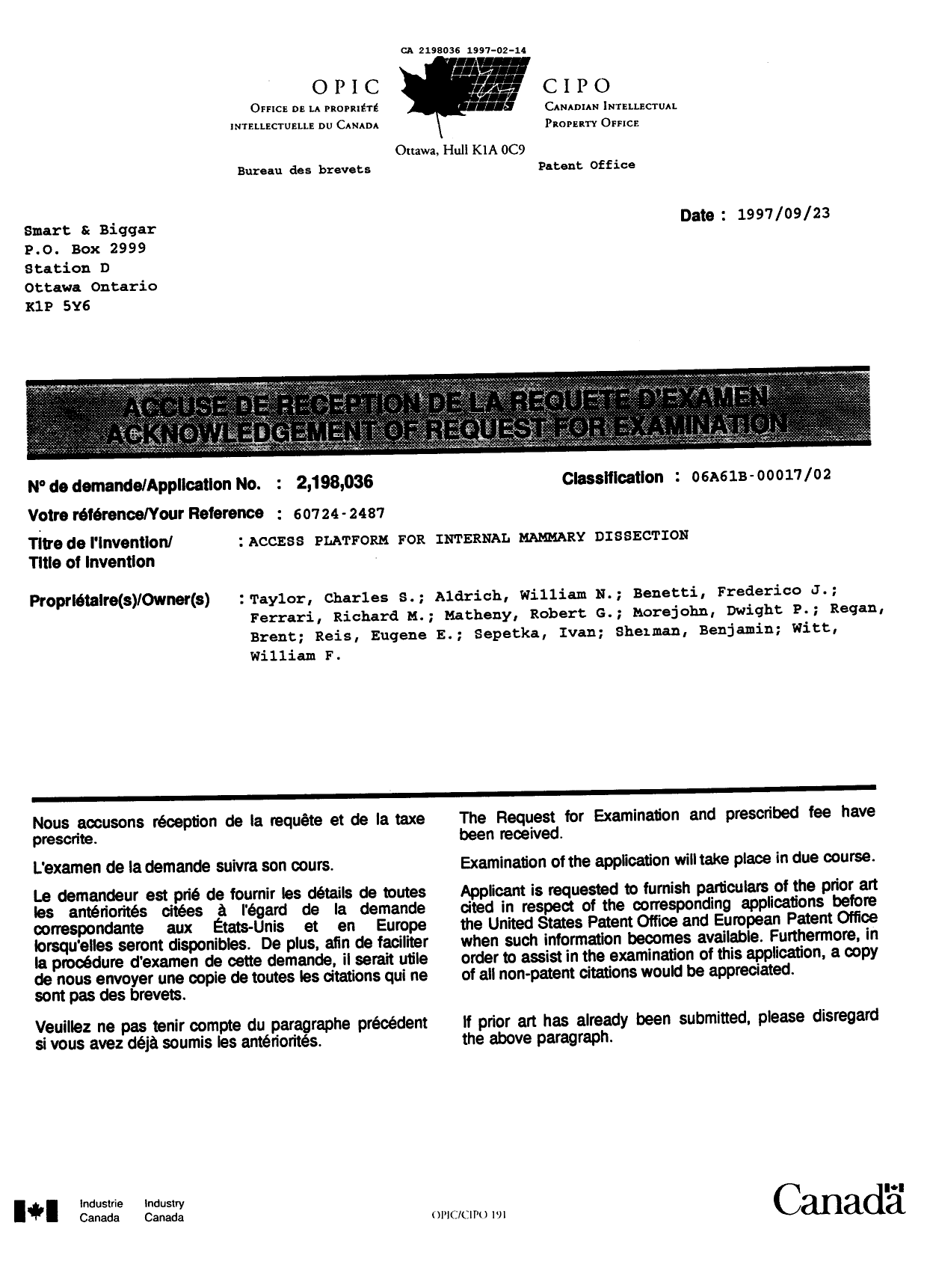 Document de brevet canadien 2198036. Correspondance de la poursuite 19970214. Image 1 de 80