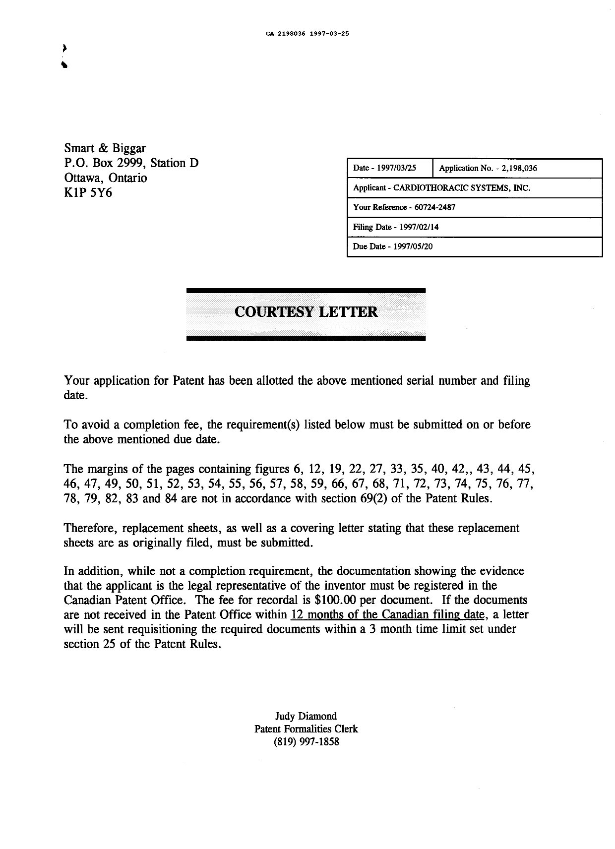 Document de brevet canadien 2198036. Lettre du bureau 19970325. Image 1 de 1