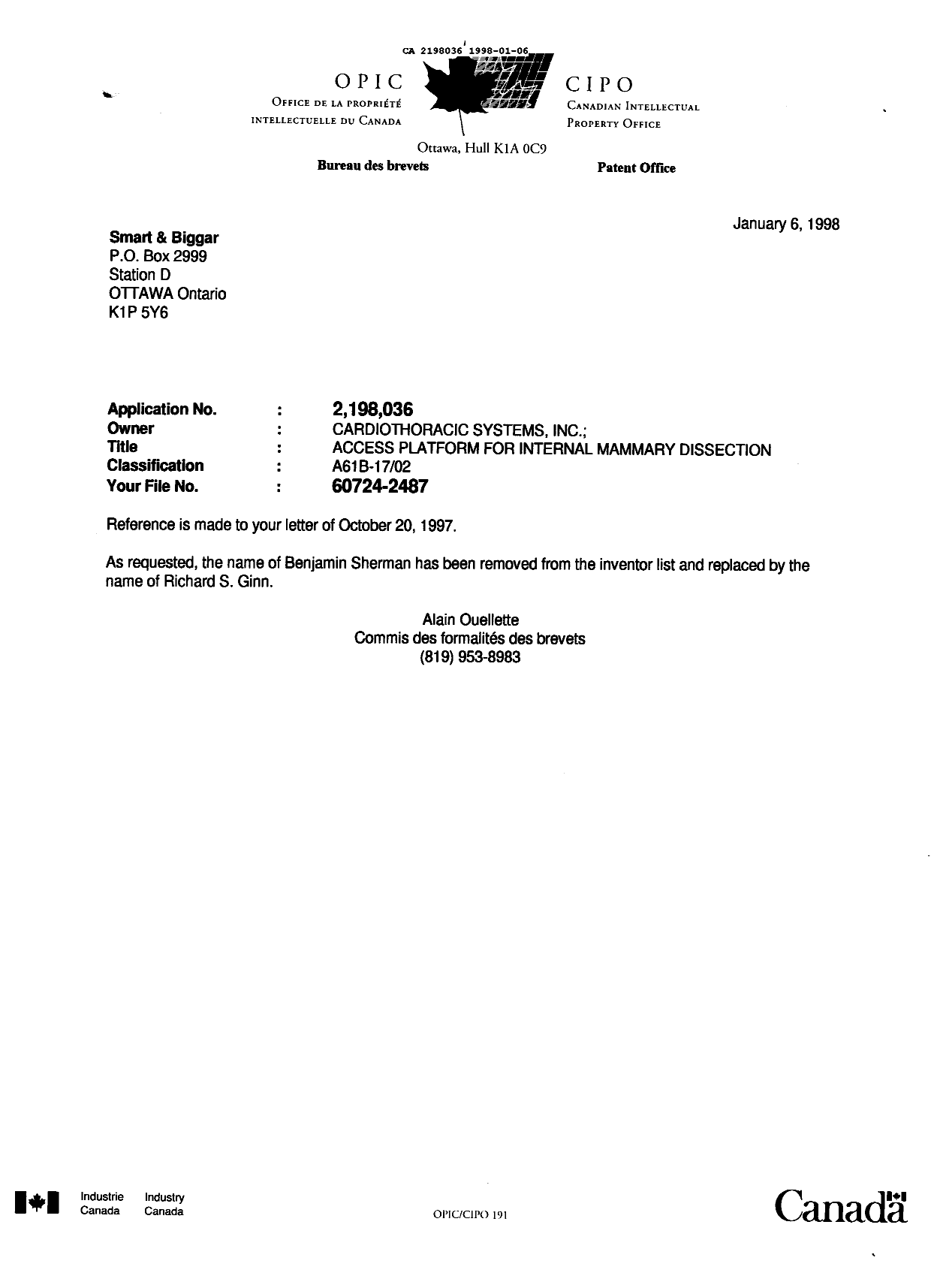 Document de brevet canadien 2198036. Correspondance reliée aux formalités 19980106. Image 1 de 1