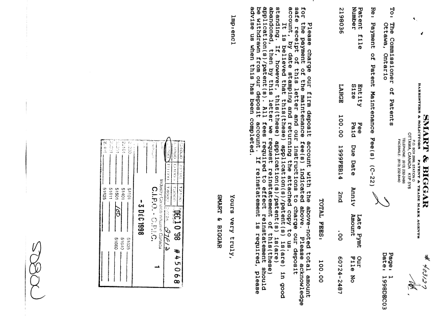 Document de brevet canadien 2198036. Taxes 19981203. Image 1 de 1
