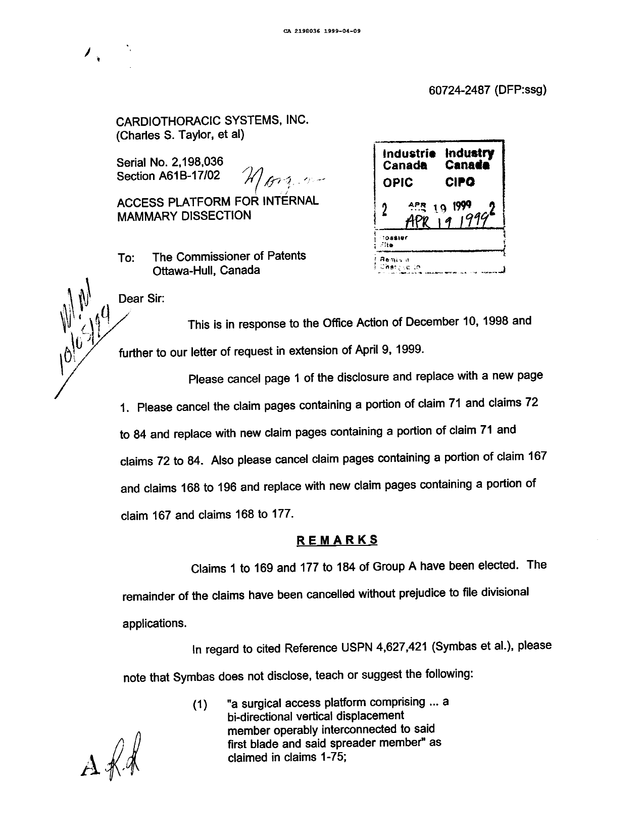 Document de brevet canadien 2198036. Correspondance de la poursuite 19990419. Image 1 de 13