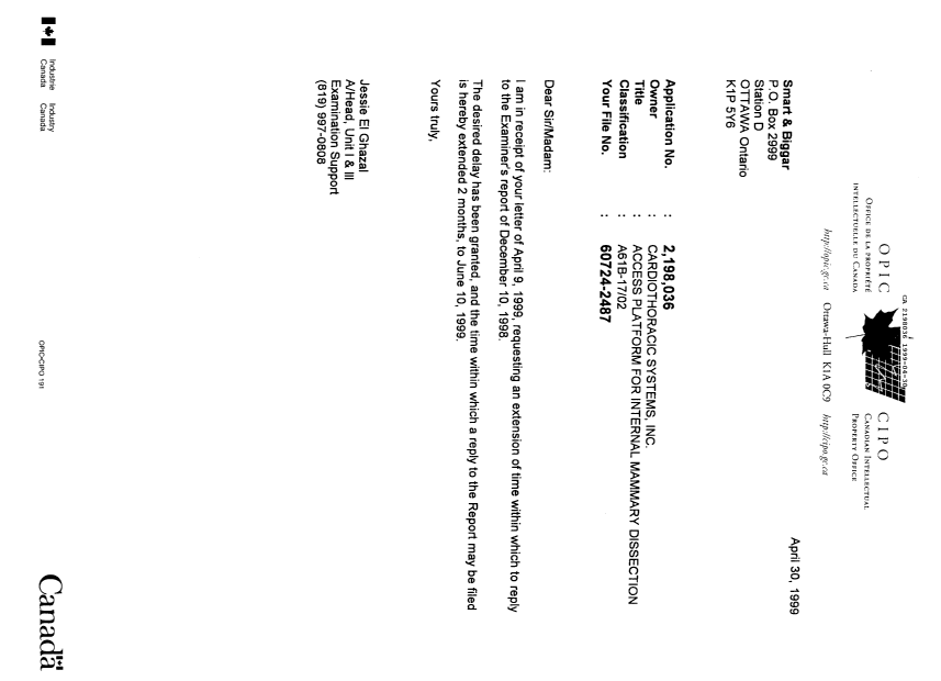 Document de brevet canadien 2198036. Lettre du bureau 19990430. Image 1 de 1