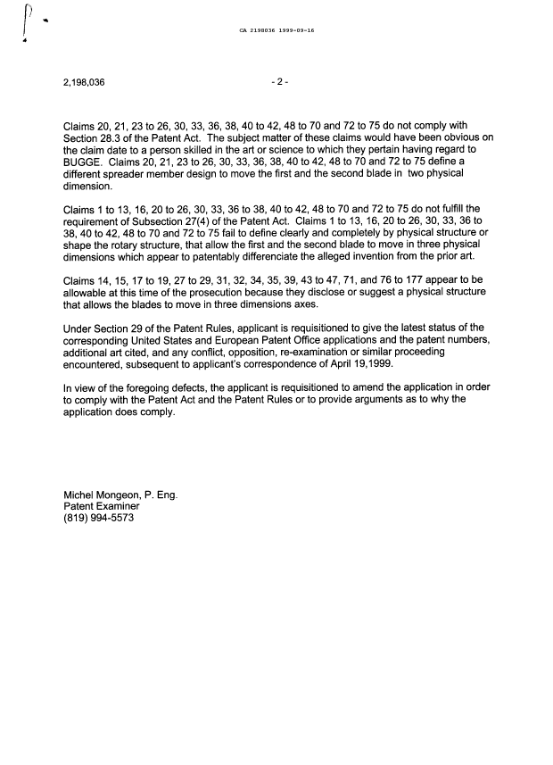 Document de brevet canadien 2198036. Demande d'examen 19990916. Image 2 de 2