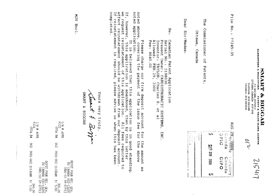 Document de brevet canadien 2198036. Correspondance 20000829. Image 1 de 1