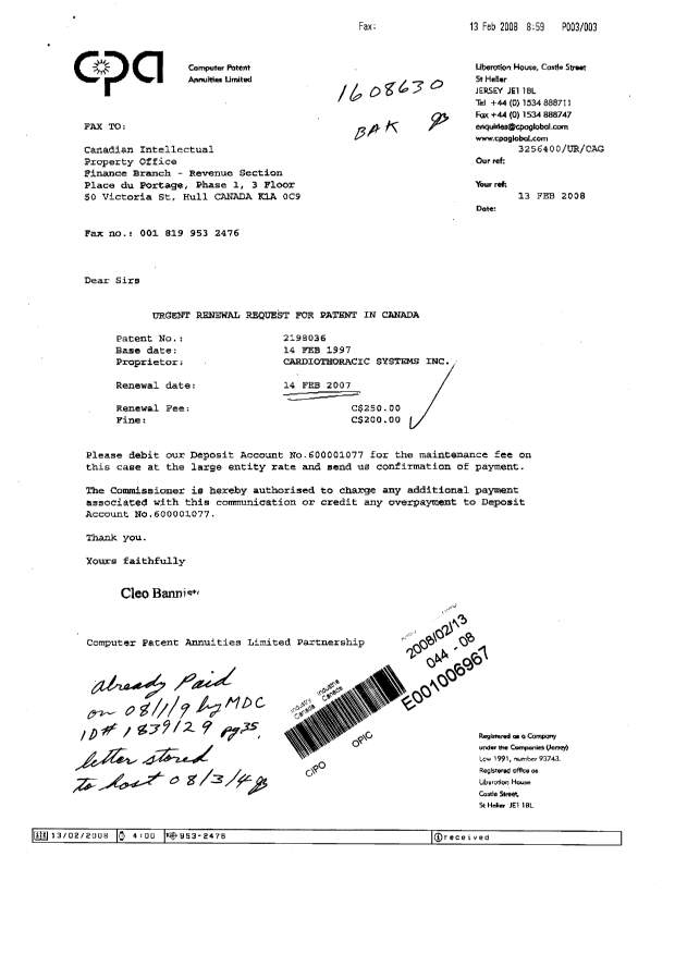Canadian Patent Document 2198036. Fees 20080213. Image 1 of 1