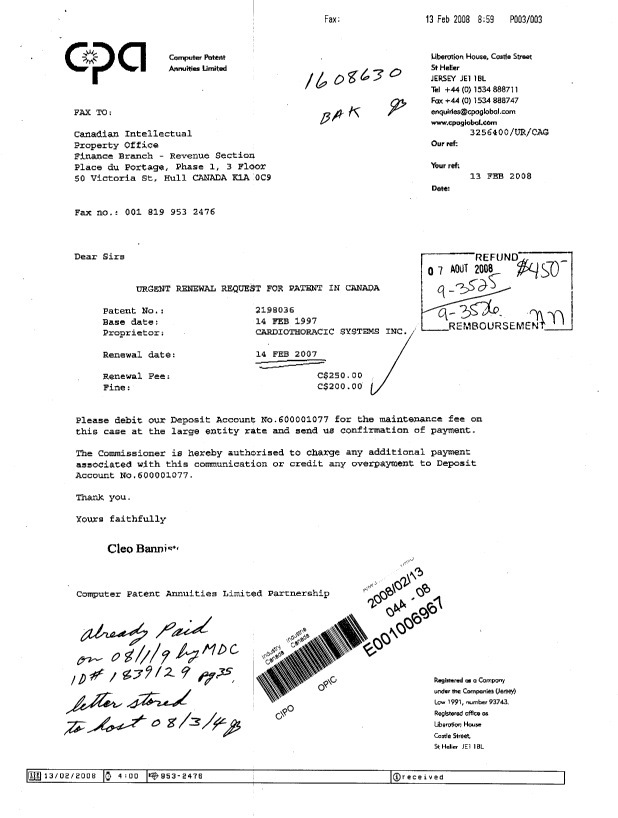 Canadian Patent Document 2198036. Fees 20080213. Image 1 of 1