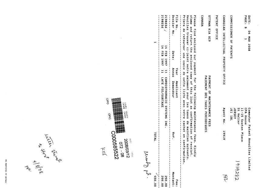 Document de brevet canadien 2198036. Taxes 20080312. Image 1 de 1