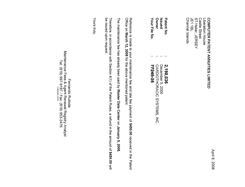 Document de brevet canadien 2198036. Correspondance 20080408. Image 1 de 1