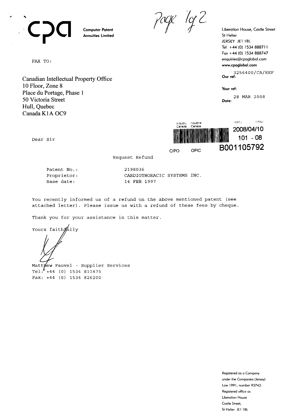 Document de brevet canadien 2198036. Correspondance 20080410. Image 1 de 2