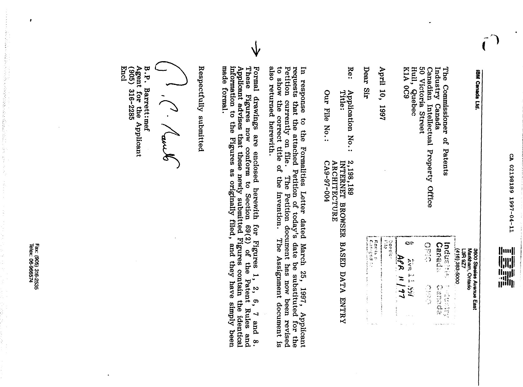 Canadian Patent Document 2198189. Correspondence 19970411. Image 1 of 1