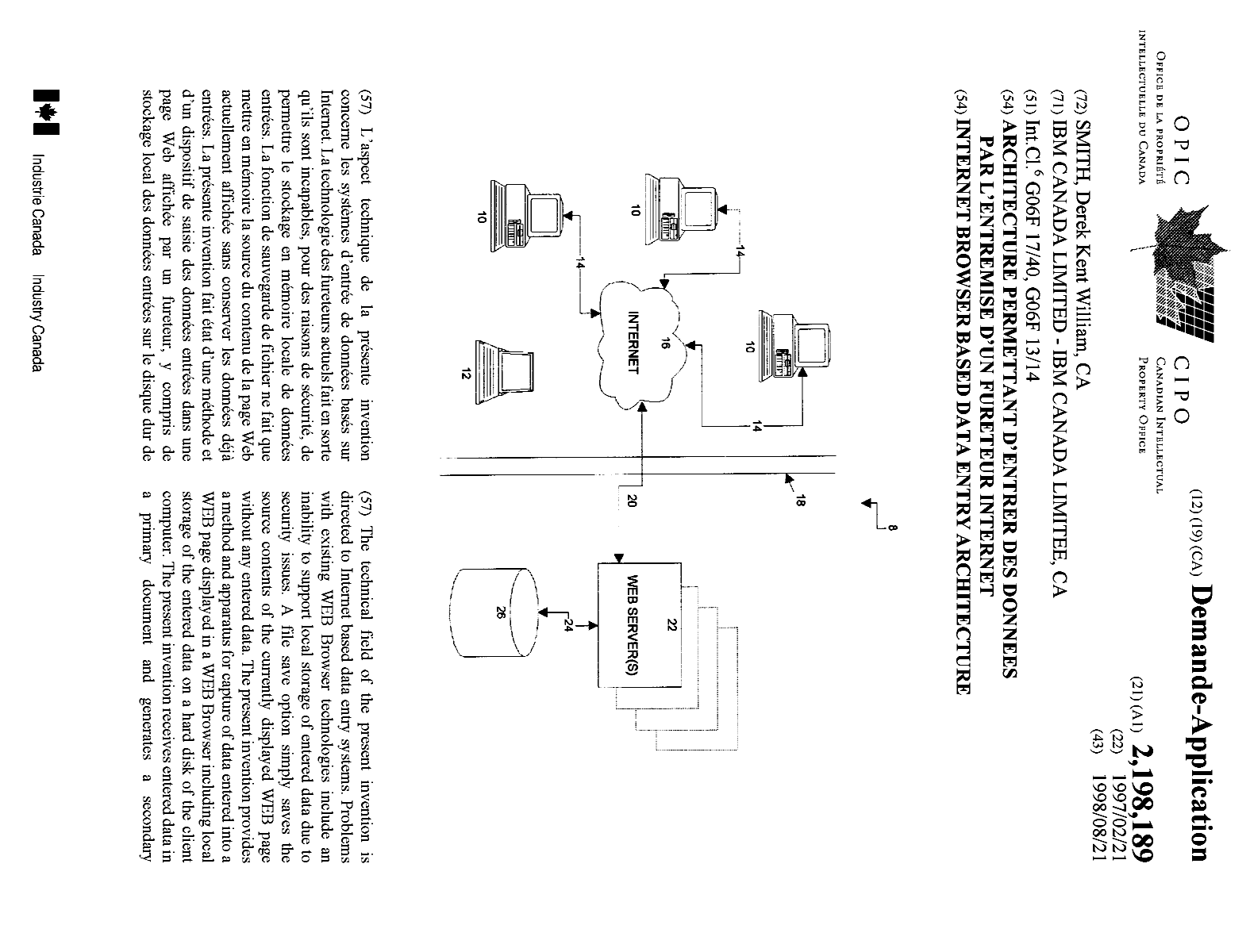 Canadian Patent Document 2198189. Cover Page 19991005. Image 1 of 2