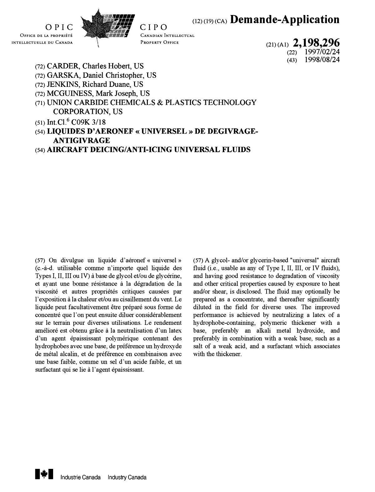 Document de brevet canadien 2198296. Page couverture 19980909. Image 1 de 1