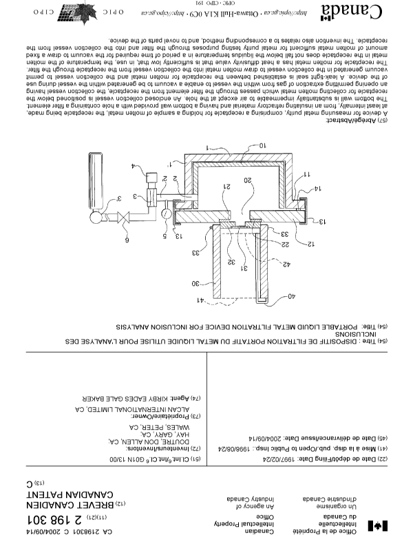 Canadian Patent Document 2198301. Cover Page 20040811. Image 1 of 1