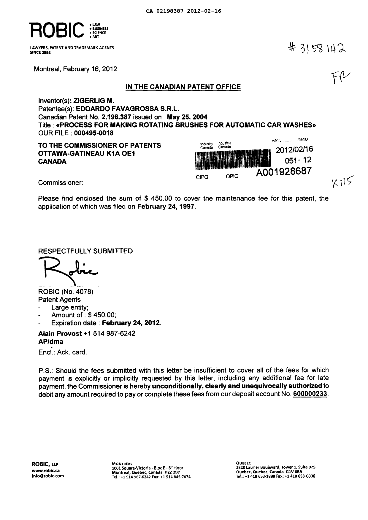 Document de brevet canadien 2198387. Taxes 20120216. Image 1 de 1