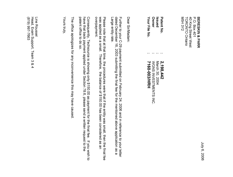 Document de brevet canadien 2198442. Correspondance 20060706. Image 1 de 1