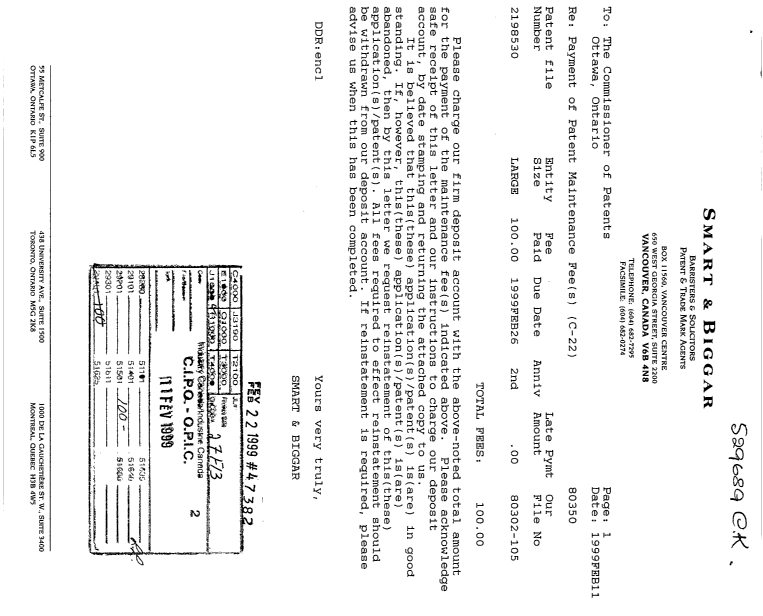 Canadian Patent Document 2198530. Fees 19990211. Image 1 of 1