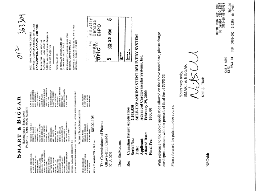 Canadian Patent Document 2198530. Correspondence 19991225. Image 1 of 1