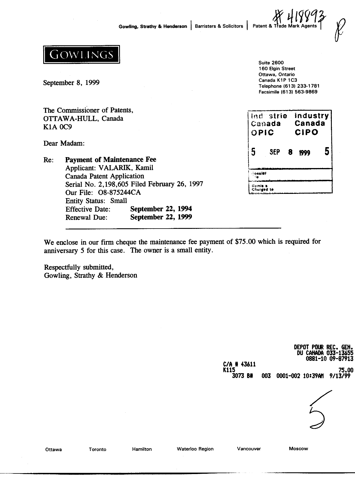 Canadian Patent Document 2198605. Fees 19990908. Image 1 of 1