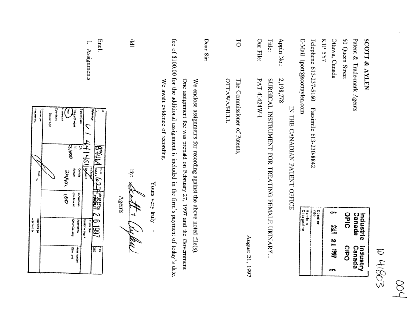 Document de brevet canadien 2198778. Cession 19970821. Image 1 de 4