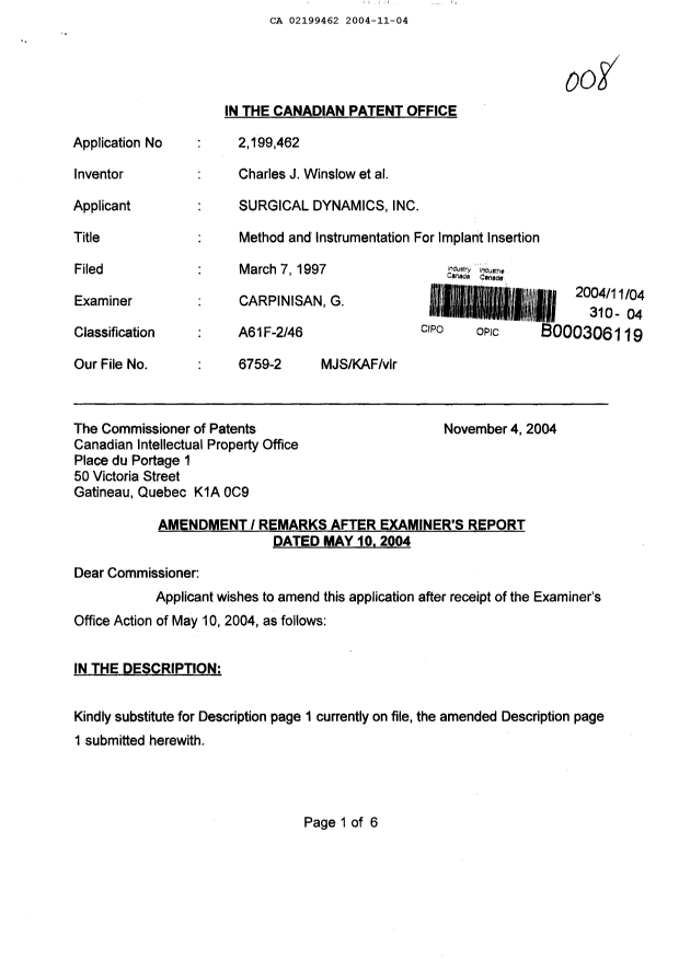 Document de brevet canadien 2199462. Poursuite-Amendment 20031204. Image 1 de 12