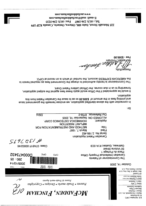 Document de brevet canadien 2199462. Correspondance 20041214. Image 1 de 1
