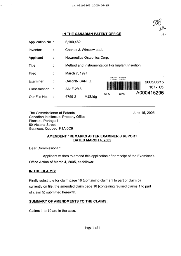 Document de brevet canadien 2199462. Poursuite-Amendment 20041215. Image 1 de 5
