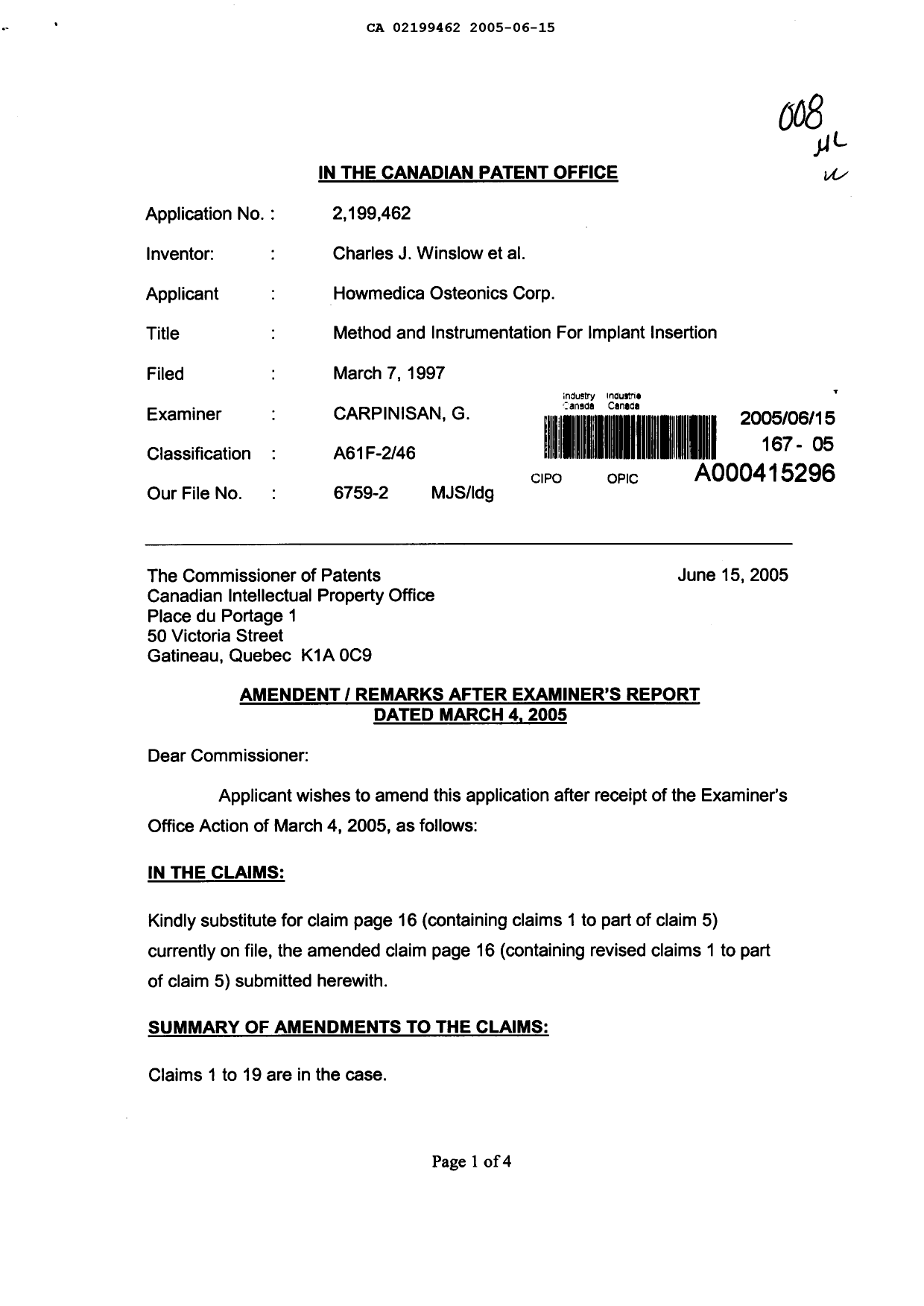 Document de brevet canadien 2199462. Poursuite-Amendment 20041215. Image 1 de 5