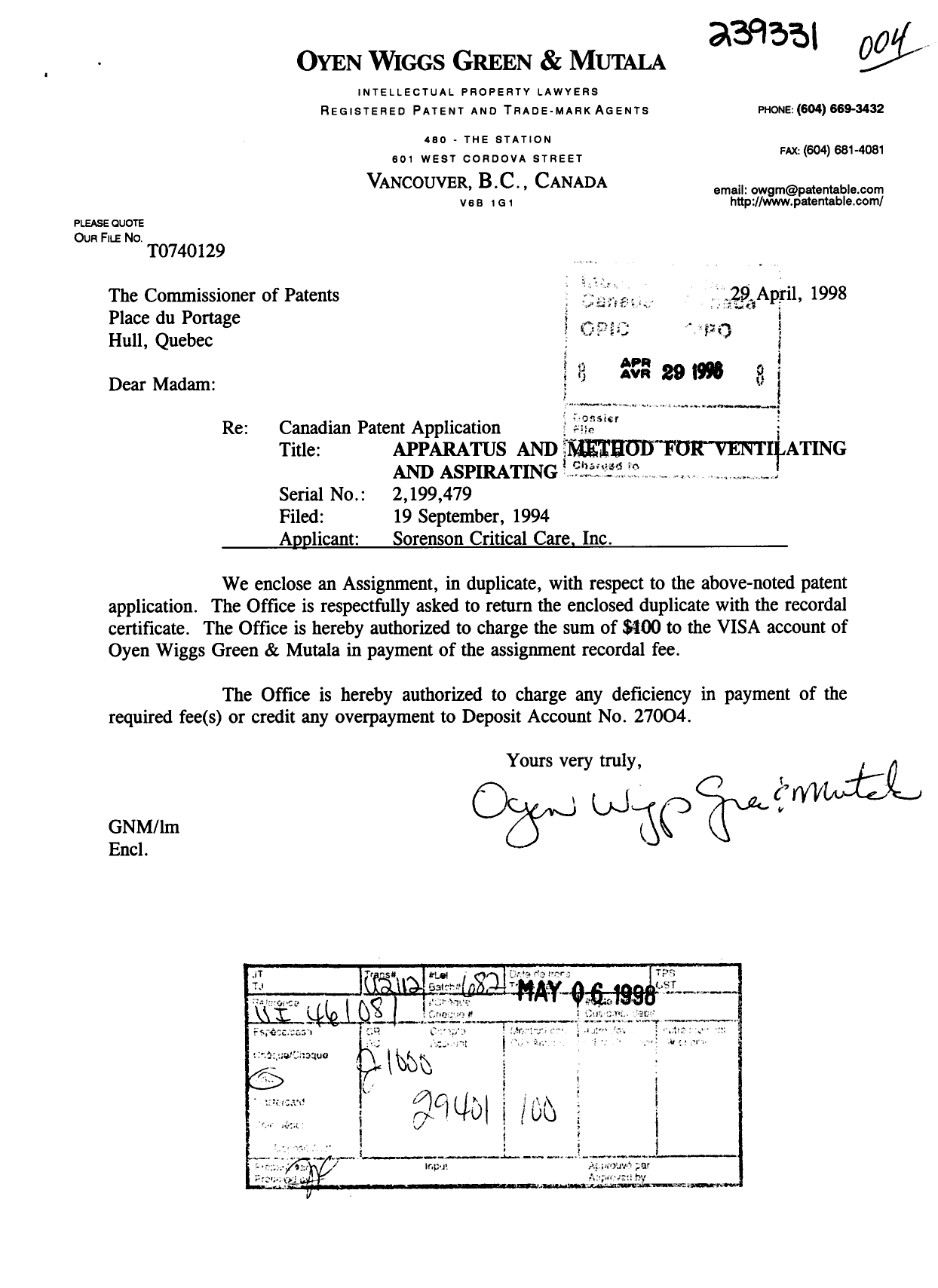 Document de brevet canadien 2199479. Cession 19980429. Image 1 de 8