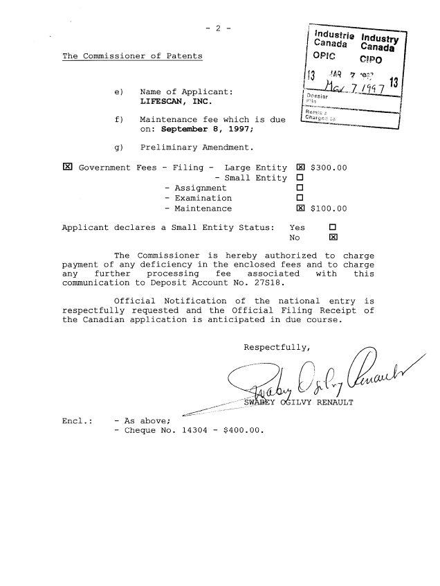 Document de brevet canadien 2199494. Cession 19970307. Image 2 de 5