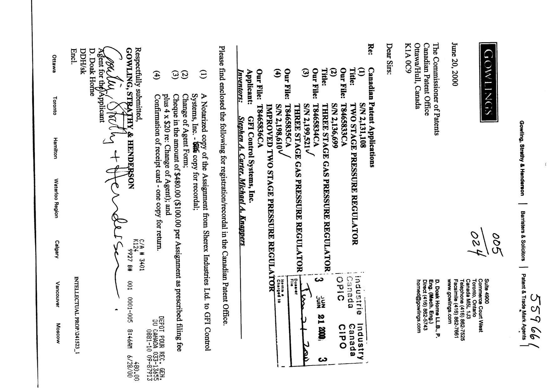 Canadian Patent Document 2199521. Correspondence 20000621. Image 1 of 2