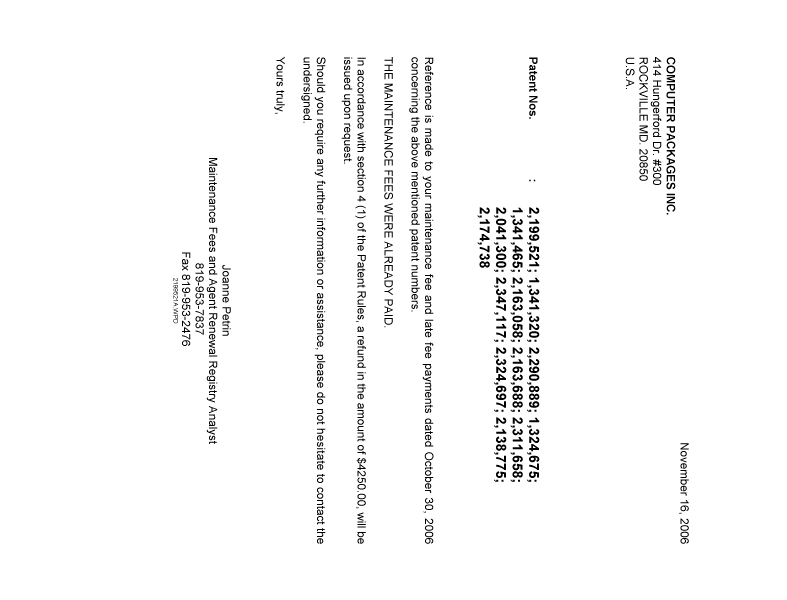 Document de brevet canadien 2199521. Correspondance 20061116. Image 1 de 1