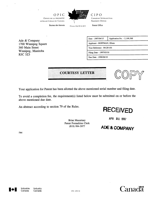 Document de brevet canadien 2199588. Correspondance 19980601. Image 2 de 3