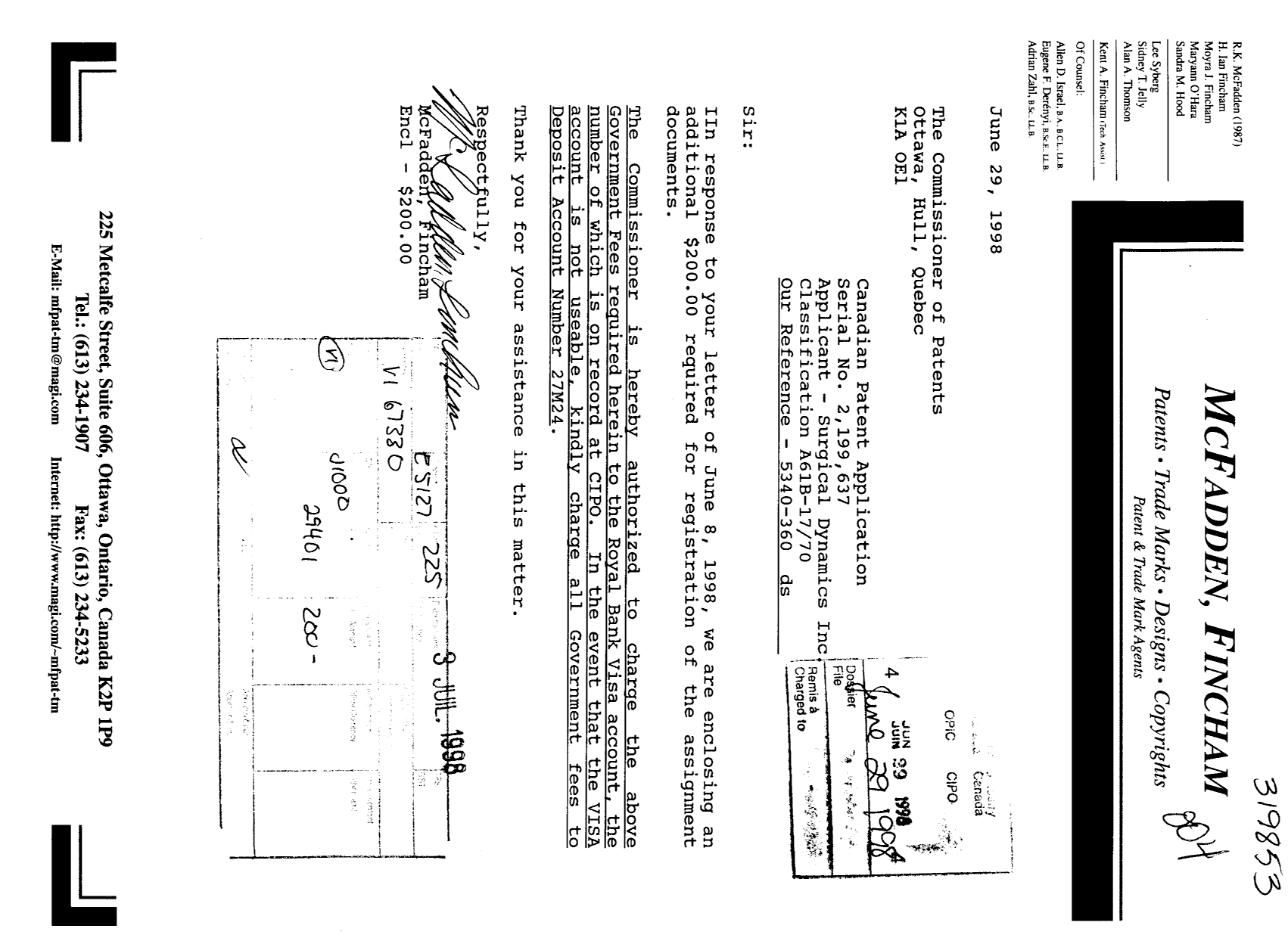 Canadian Patent Document 2199637. Assignment 19980629. Image 1 of 1