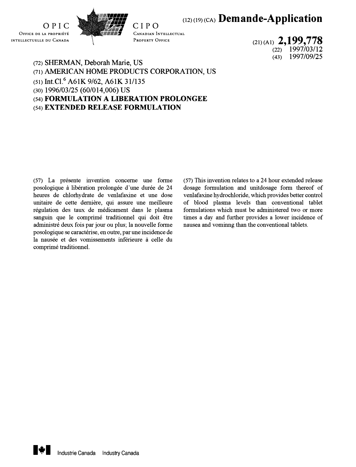 Canadian Patent Document 2199778. Cover Page 19971028. Image 1 of 1