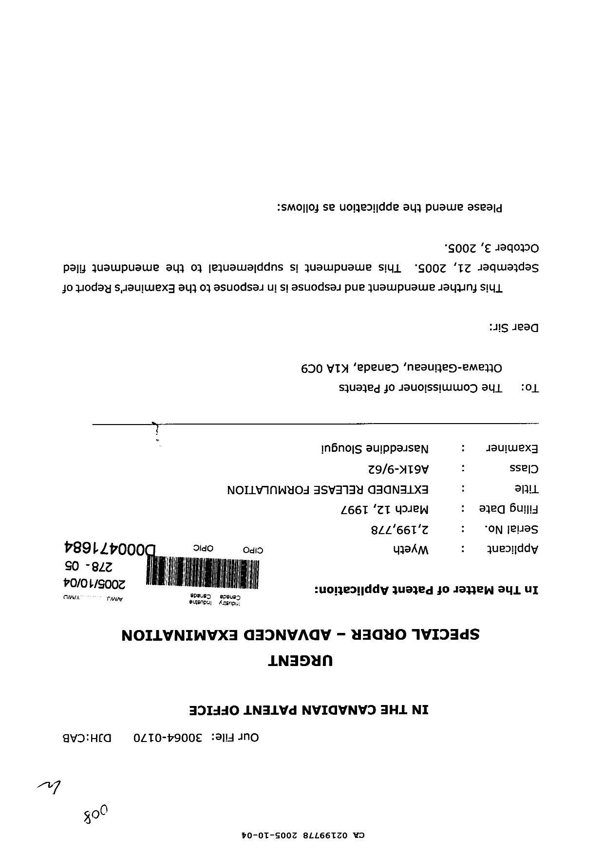 Canadian Patent Document 2199778. Prosecution-Amendment 20041204. Image 1 of 7