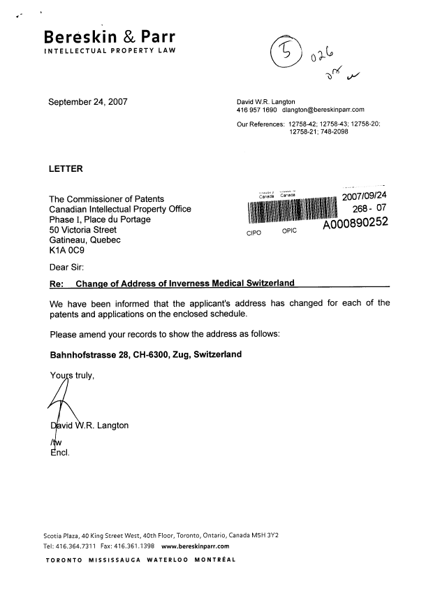 Document de brevet canadien 2199824. Correspondance 20070924. Image 1 de 2