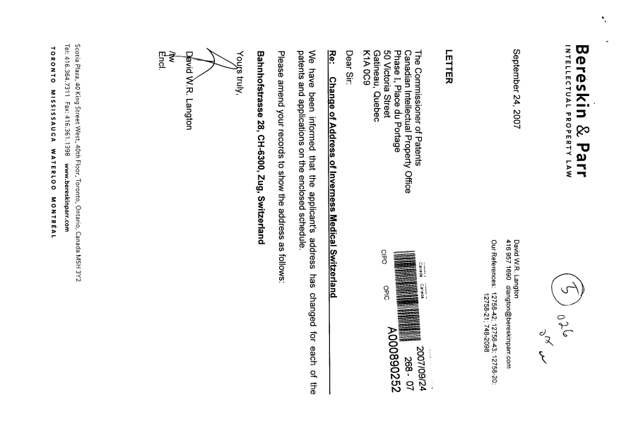 Document de brevet canadien 2199824. Correspondance 20070924. Image 1 de 2