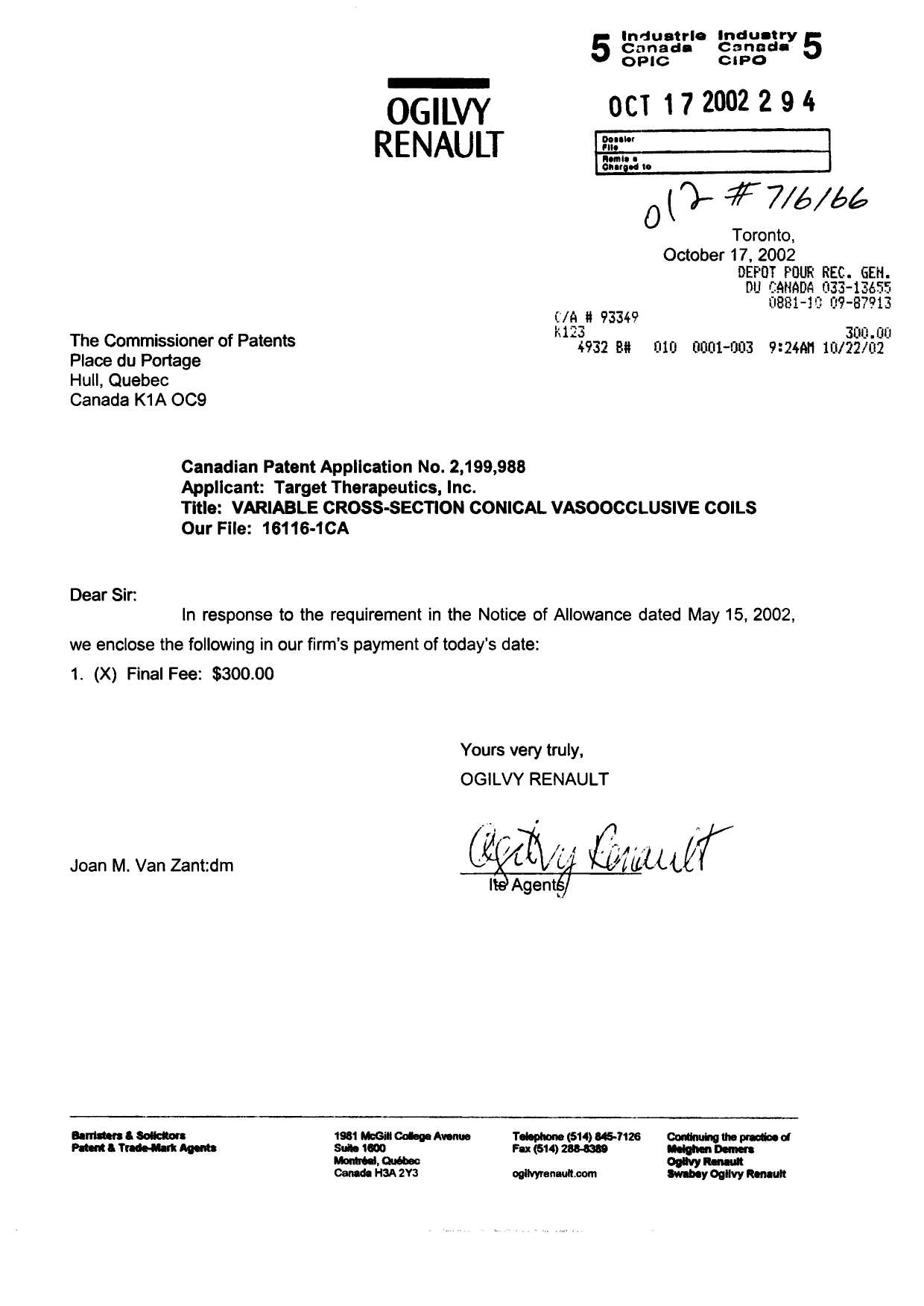 Canadian Patent Document 2199988. Correspondence 20011217. Image 1 of 1