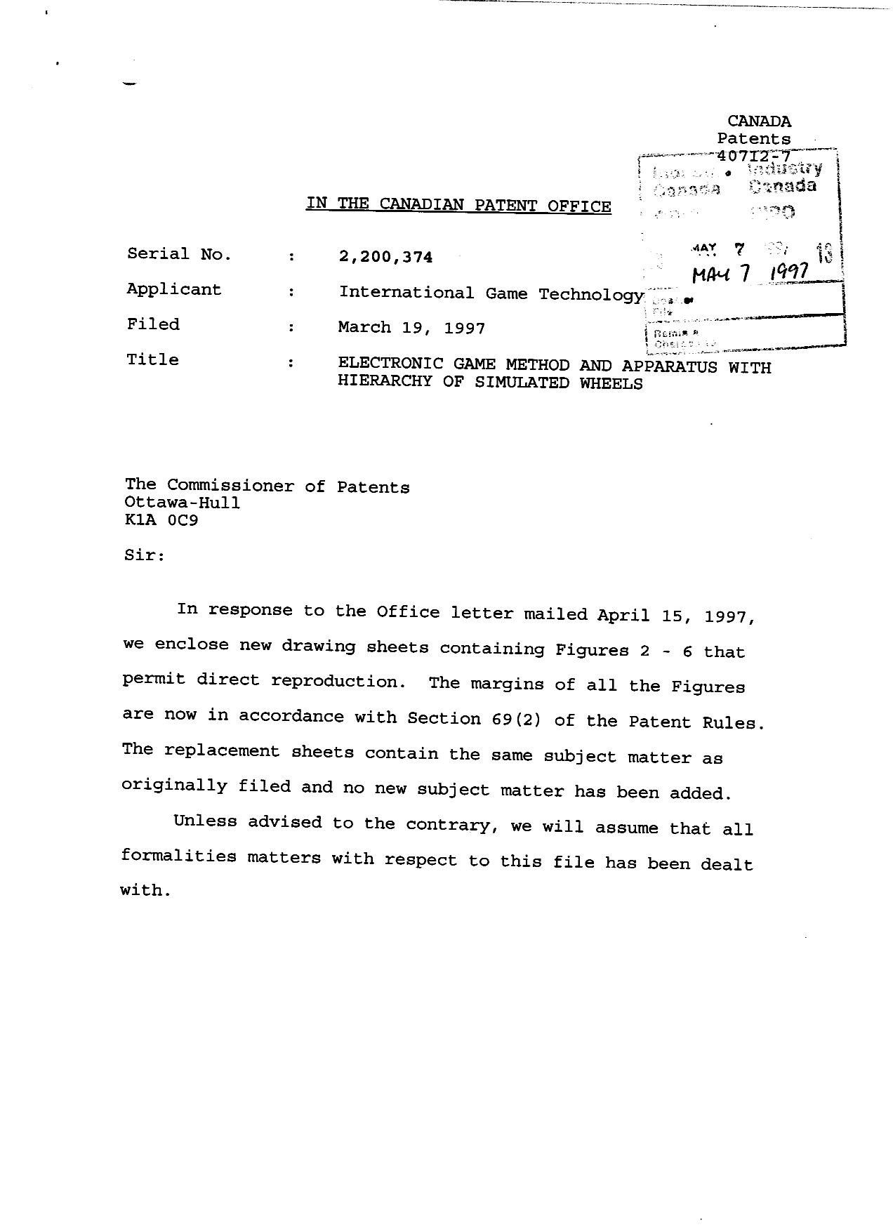 Canadian Patent Document 2200374. Correspondence 19970415. Image 2 of 9